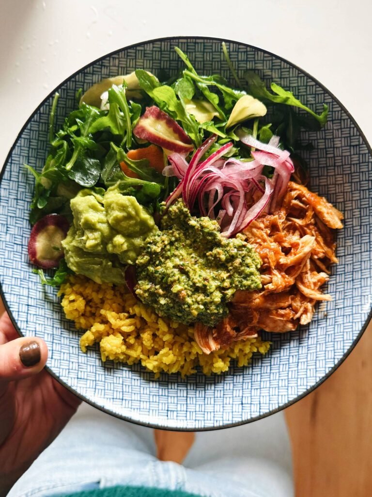 Easy Crockpot Chicken Bowls with Yellow Rice & Cilantro Pesto Recipe