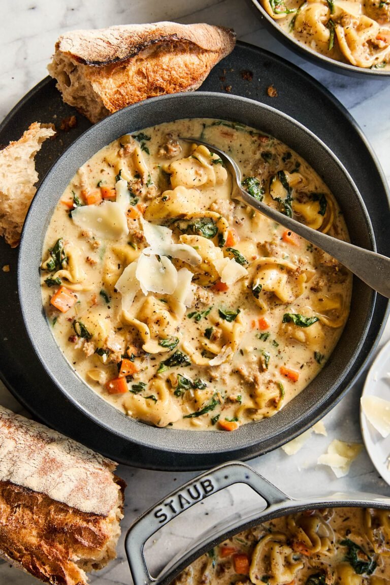 Hearty Sausage Tortellini Soup with Creamy Broth and Spinach