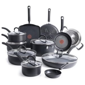T-Fal Ultimate Hard Anodized Nonstick Cookware Set 17 Piece, Nonstick Pots and Pans Set with Fry Pan, Saucepans, Saute-Pan, Griddle, Dishwasher Safe, Black