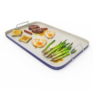 SafBbcue 20" x 13" Double Burner Griddle Pan, Non-Stick Ceramic Coated, for Outdoor Gas Pellet Grill, Stove Top Charcoal Grills, for Weber Charbroil Camp Chef Grill, Blue