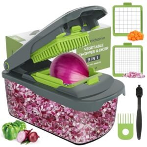 Ourokhome Vegetable Chopper Cutter with Container, Manual Hand Food Veggie Dicer with 2 Chopping Blades for Potato Strips, Onion Cubers, Carrot Sticks, Essential Kitchen Gadgets (2 in 1, Gray)