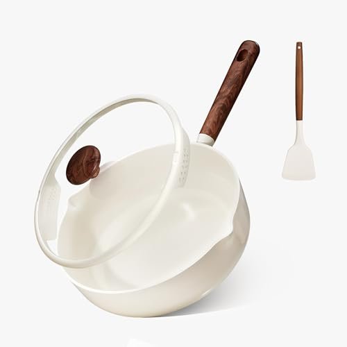 CAROTE Nonstick Frying Pan Skillet with Lid, 11" Ceramic Coating Deep Frying Pan, 5QT Saute Pan with Colander Lid and Spatula, Non-toxic Healthy PFOA Free, Induction Compatible, Cream White