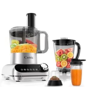 Camic Blender & Food Processor Combo,600W,6 Functions for Smoothies,Chopping,Slicing,Shredding,Grinding,Dough & More,72-oz.Blender Pitche,64-oz. Processor Bowl,13-oz. To-Go Cup,6-oz. Grinder Cup