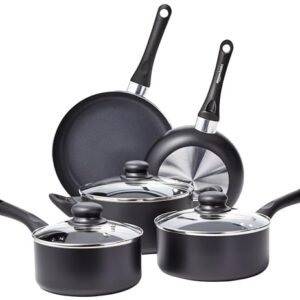 Amazon Basics Non Stick Kitchen Cookware 8-Piece Set, Non-Induction, Includes Pots and Pans, Black