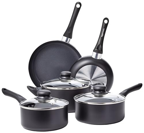 Amazon Basics Non Stick Kitchen Cookware 8-Piece Set, Non-Induction, Includes Pots and Pans, Black