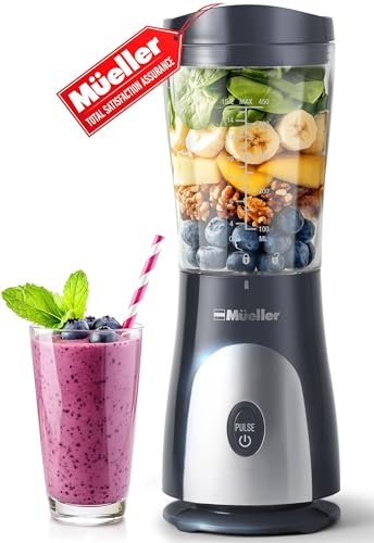 Mueller Smoothie Blender for Smoothies - Personal Blender for Shakes, Frozen Drinks, Baby Food & More, 15oz Travel Cup and Lid, Durable Stainless Steel Blades for Powerful Blending Performance