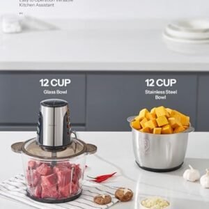 Food Processors with 2 Large Bowls(12 Cup+12 Cup), Reemix Electric Chopper with Powerful 500W Copper Motor, 4 Bi-Level Blades for Fruits, Meat, Vegetables, Baby Food, Nuts, 2 Speeds