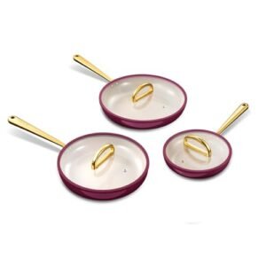 ROYDX Nonstick Titanium Ceramic Frying Pan Set with Glass Lids, 8,10 and 12 Inch Frying Pans with Stay Cool Handle, Dishwasher Safe, Works on All Stovetops(Dark Purple, 8in+10in+12in)