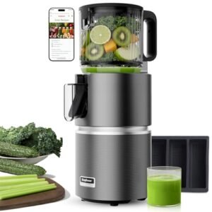 Anybear Cold Press Juicer with 4.9" Large Feed Chute, 350W Masticating Juicer Machines with Dual Slow-Squeezing Technology for Whole Fruits & Veggies with High Yield | BPA-Free Tritan | Juice Recipes