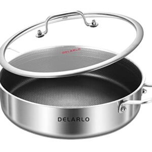 DELARLO Frying Pan,12 inch Skillet with lid,Tri-Ply Stainless Steel Saute Pan 6QT,Dishwasher-Friendly,Stay-Cool Handles,Oven-Safe Up to 660℉