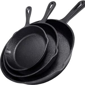 Simple Chef Cast Iron Skillet 3-Piece Set - Heavy-Duty Professional Restaurant Chef Quality Pre-Seasoned Pan Cookware Set - 10", 8", 6" Pans - For Frying, Saute, Cooking, Pizza & More,Black