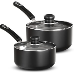 Utopia Kitchen Nonstick Saucepan Set, Cooking Pots with Lids, 1 Quart and 2 Quarts Multipurpose Kitchen Small Pots for Cooking Nonstick With Lids, 1 qt & 2 qt Set, Grey & Black