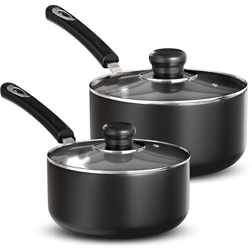 Utopia Kitchen Nonstick Saucepan Set, Cooking Pots with Lids, 1 Quart and 2 Quarts Multipurpose Kitchen Small Pots for Cooking Nonstick With Lids, 1 qt & 2 qt Set, Grey & Black