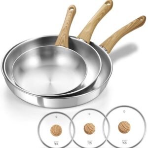 KOCH SYSTEME CS Stainless Steel Frying Pan Set with Lid, 8" & 10" & 12" Stainless Steel Pans Set with Heat-resistant Handle, Triply Base Induction Cooking Pans Set, Fast & Even Heat, Dishwasher Safe