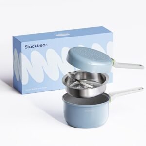 Ceramic Non Stick Frying & Sauce Pan Set, 2.5QT Saucepan, 7" Egg Omelette Pan & 18/10 Stainless Steel Steamer, Induction Cookware Set for Quick Meals, PTFE, PFOA & PFAS Free, Light Blue