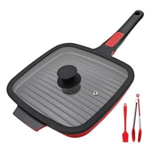 RANX INGST Grill Pan for Stove Tops with Lid 10 inch, Nonstick Square Griddle Pan with Detachable Handle for Indoor Cooking