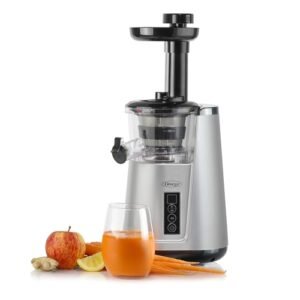 Omega Juicer Cold Press 365 Vertical 65 RPM Slow Masticating Compact Extractor for Fruits and Vegetables with 3 Stage Auger & BPA-Free Container, 150-Watts, Silver