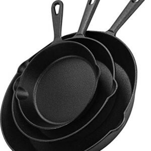 Utopia Kitchen Cast iron Skillets 3 Piece Set, Chefs Pan, Pre Seasoned Cast iron Skillets, 6, 8 & 10 Inches, Easy Use in the Oven, Stove, Grill, or Campfire, Black