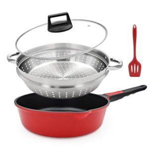 Bobikuke 11 Inch Nonstick Deep Frying Pan with Lid, 4-Pc Set - (4.5 Qt Saute Pan with Lid, Steamer/Strainer Basket, Silicone Spatula), Skillet with Detachable Handle, Oven Safe, Non-Toxic