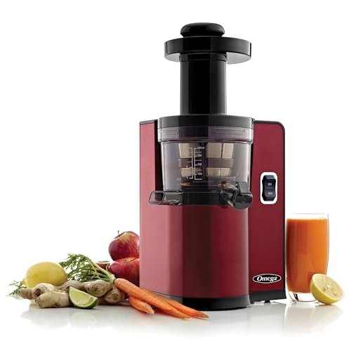 Omega Juicer Cold Press Vertical 43 RPM Slow Masticating Compact Juice Extractor for Fruits and Vegetables Quiet Operation with 3 Stage Auger Automatic Pulp Ejection and No-Drip Tap, 150-Watts, Red