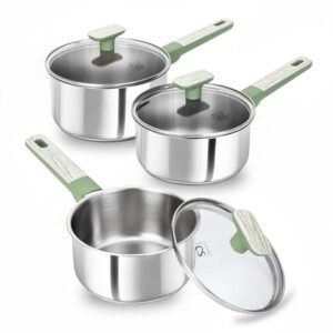 KOCH SYSTEME CS Stainless Steel Sauce Pan Set, 1.5QT & 2QT & 3QT Stainless Steel Pot Set with Lid, Triply Base Sauce Pan Set with Bakelite Handle, Induction Compatible Saucepans, Easy to Clean, 6 PCS