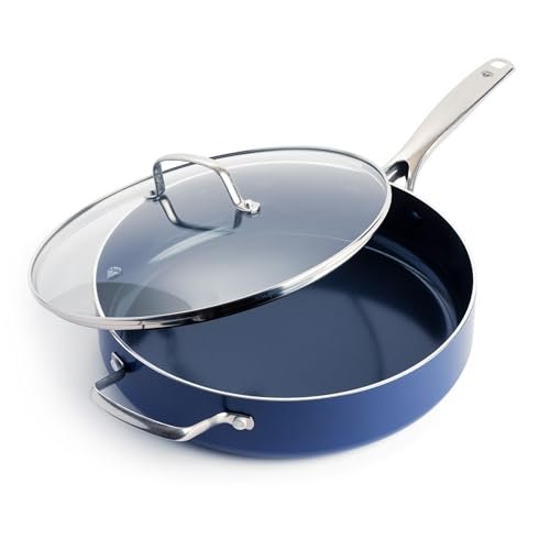 Blue Diamond 5QT Saute Pan with Lid, Non Toxic PFAS-Free Diamond Ceramic Nonstick, Dishwasher & Oven Safe, Metal Utensil Safe, Deep Jumbo Cooker Skillet with Helper Handle, Glass Lid, Blue