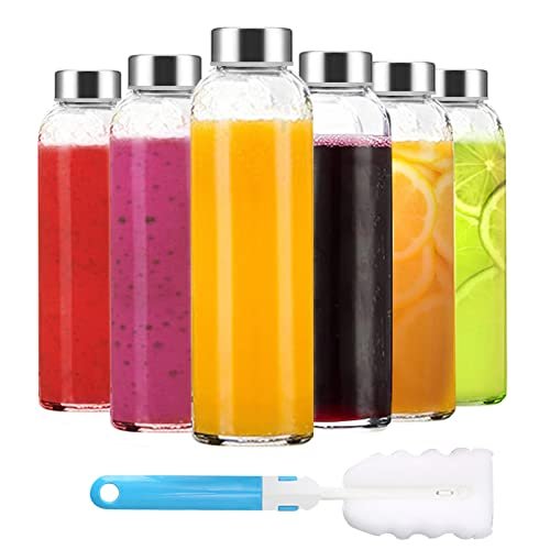 Luxfuel Clear Glass Bottles with Lids 18 oz, Reusable Glass Water Bottles with Stainless Steel Cap for Juicing, Refrigerator,100% Leak Proof, BPA Free, Juice Water Bottle Set of 6