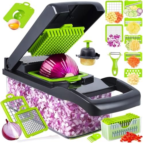 Vegetable Chopper, Pro Onion Chopper, 14 in 1Multifunctional Food Chopper, Kitchen Vegetable Slicer Dicer Cutter,Veggie Chopper With 8 Blades,Carrot and Garlic With Container (Gray) (Gray)