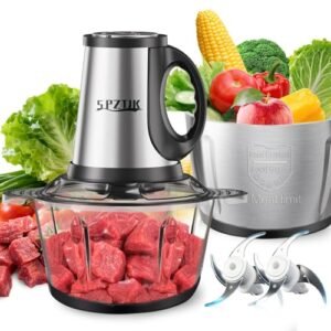 SPZTJK 3-Speed Electric Food Processor: Meat Grinder, Vegetable Chopper & Baby Food Maker - 300W, 2 Bowls (8 Cup Stainless Steel+8 Cup Glass), Quiet Operation