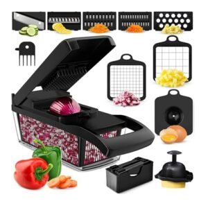 PrepNaturals Vegetable Chopper with Container, Veggie Chopper, Food Chopper & Onion Chopper - Mandoline Slicer for Kitchen (8 in 1, Black)