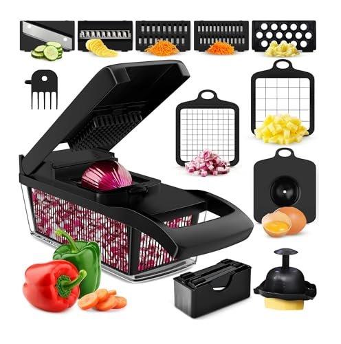 PrepNaturals Vegetable Chopper with Container, Veggie Chopper, Food Chopper & Onion Chopper - Mandoline Slicer for Kitchen (8 in 1, Black)