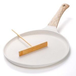 Hiceeden Nonstick Crepe Pan with Spreader, 10-Inch Tortilla Pan with Detachable Handle, Ceramic Coating Pancake Dosa Tawa Griddle Pan, for All Stove, Induction Compatible, PFOA Free (White)