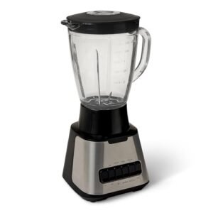 Amazon Basics 6-Cup (50 Fl. Oz) Countertop Blender, with 6 Pre-Programmed Functions, Pulse, Ice Crush, Stainless Steel Blades, Glass Jar, Up to 700W, Black & Silver