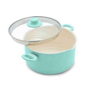 GreenLife 6QT Nonstick Stockpot with Straining Lid, Soft Grip, PFAS-Free Ceramic, Pour Spout, Multipurpose Cooking Pot, Sauces & Soups, Milk Pan, Stay-Cool Handles, Dishwasher & Oven Safe, Turquoise