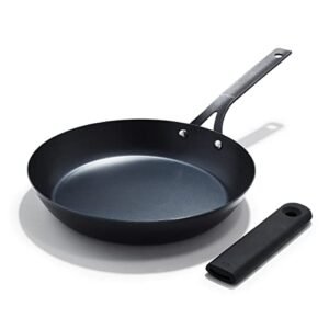 OXO Obsidian Pre-Seasoned Carbon Steel, 10" Frying Pan Skillet with Removable Silicone Handle Holder, Induction, Oven Safe, Black