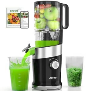 Cold Press Juicer with Whole Feed Chute, Aeitto Masticating Juicer Machines, Juice Extractor Machine Easy to Clean, High Juice Yield, For Whole Vegetables and Fruits, Easy to Assemble, Onyx Black
