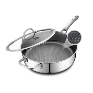 SNOWCLAD Frying Pans Nonstick with Lid,Hybrid Non Stick 5 Quart Saute pan,PFOA Free Cookware,Stainless Steel skillet,12 inch Deep Saute Pan,Dishwasher&Oven Safe,Works on All Cooktops