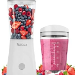Fullstar Portable Blender for Smoothies and Shakes – 15 oz Mini Personal Travel Blender with Sipper Lid, Compact Smoothie Maker for Office, Home, and Kitchen (White)