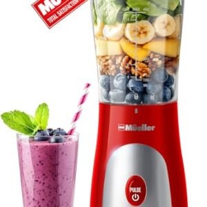 Mueller Smoothie Blender for Smoothies - Personal Blender for Shakes, Frozen Drinks, Baby Food & More, 15oz Travel Cup and Lid, Durable Stainless Steel Blades for Powerful Blending Performance, Red
