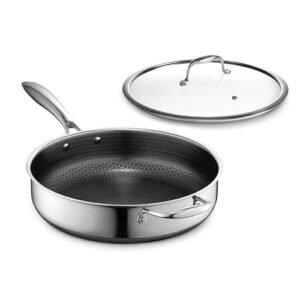 HexClad Hybrid Nonstick 4.5-Quart Deep Sauté Pan with Tempered Glass Lid, Stay-Cool Handle, Dishwasher-Friendly, Oven-Safe Up to 900°F, Induction Ready, Compatible with All Cooktops