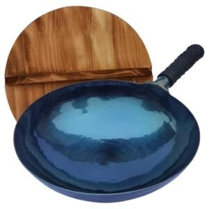 Lvhop cast iron wok with lid,14 inch woks & stir-fry pans nonstick,chinese traditional pans for open fire,large cookwares,cooking,bbq,grill, camping,blue carbon steel pre-seasoned wok (36cm)