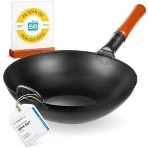 YOSUKATA 13.5" Carbon Steel Wok Pan – Pre-Seasoned Flat Bottom Pow Wok for Stir Fry, BBQ, Grill & Camping – Traditional Japanese Chinese Cookware – Compatible with Induction, Electric, Gas, Open Fire
