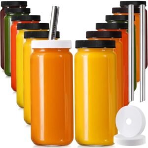 12 PACK, 16 OZ Glass Juice Bottles with Airtight Lids, Bonus 2 Straws & Perforated Lids, Reusable Juicer, Juicing Bottle - Clear Drinking Jars Cups, Water Bottles, Travel Juice Container, Black Caps