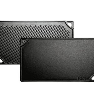 Lodge Reversible Cast Iron Grill/Griddle – 9.5 x 16.75 Inch Pre-Seasoned Cooking Surface – Flat & Ribbed Sides – Use on Stove, Grill, or Campfire – Made in the USA – Heavy-Duty, Black
