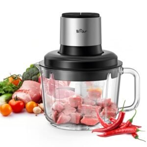 Bear Food Processor, Electric Food Chopper with 8 Cup/2L Handheld Glass Bowls, No-Hole 4 Bi-level Stainless Steel Blades for Easy Cleaning, 2 speed 400W Power Motor Grinder for Meat, and Baby Food