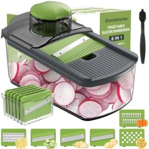 Ourokhome Mandolin Slicer for Kitchen Food, Hand Safe Vegetable Shredder with 6 Mandoline Blades, Veggie Waffle Cutter for Potato, Carrot, Zucchini, Onion, Essential Kitchen Gadgets (6 in 1, Gray)