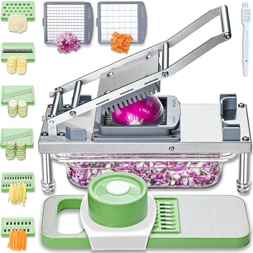 All-in-1 Vegetable Chopper with 8 Blades - Mandoline Slicer-Pro Food Chopper with Container - Veggie Salad Onion Chopper - Potato Dicer French Fry Cutter - Cheese Grater - Stainless Steel material