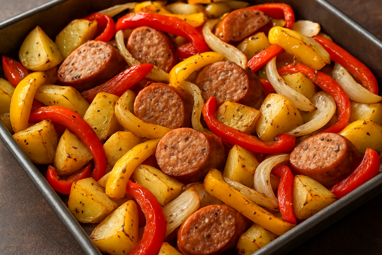 baked sausage and peppers and potatoes